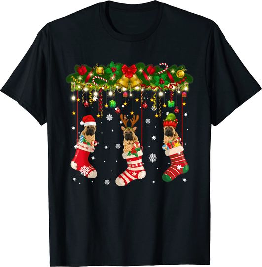 Shar-Pei In Socks Christmas Santa Hat Xmas Lights Pajama Dog T-Shirt