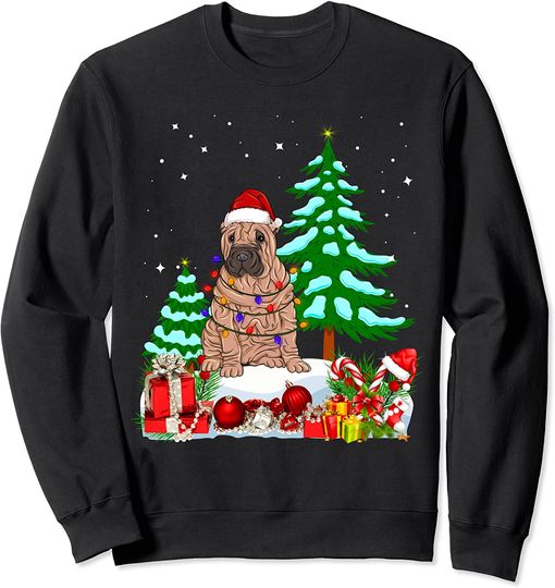 Shar Pei Dog Wearing Christmas Hat Tree Lights Sweatshirt