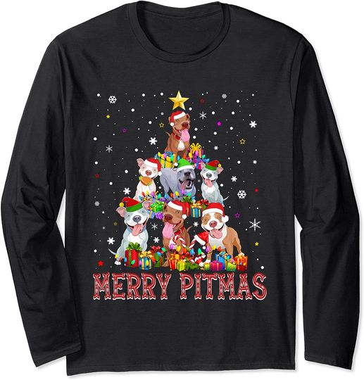 Merry Pitmas Pitbull Dog Ugly Christmas Sweater Tree Dogs Long Sleeve