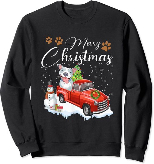 Funny Pitbull Dog Snow Red Truck Christmas Xmas Tree Pajama Sweatshirt