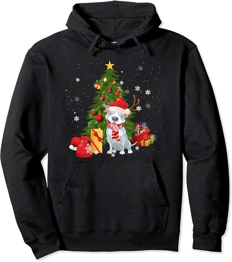 Pitbull Reindeer Christmas Tree Funny Santa Dog Lovers Xmas Pullover Hoodie