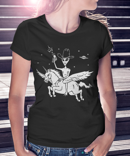 Unisex T Shirt Alien Riding Unicorn