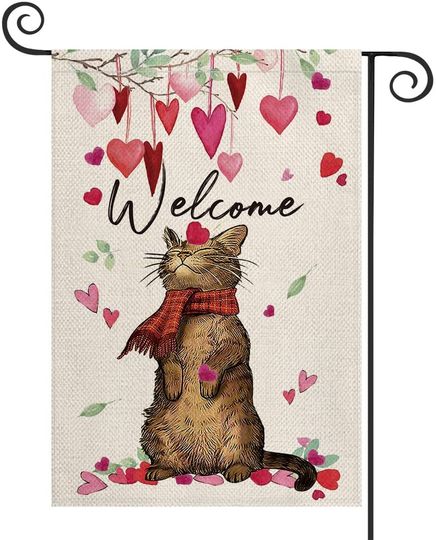Welcome Love Heart Cat Valentine's Day Garden Flag Vertical Double Sided, Anniversary Party Yard Outdoor Decoration