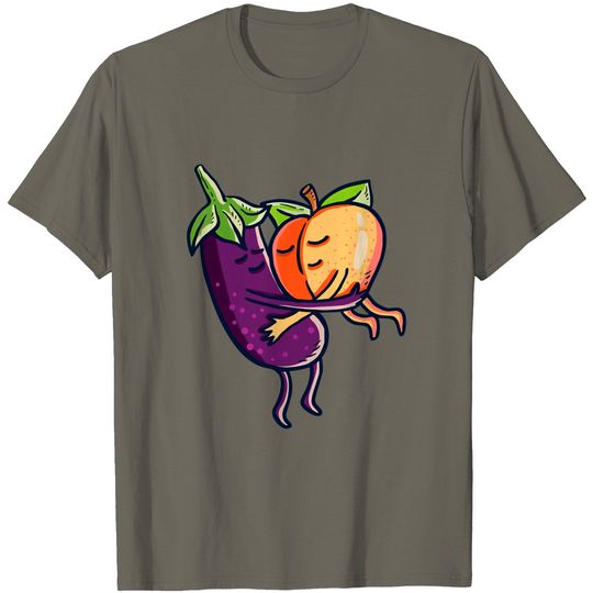 Peach and Eggplant Hugging and Kissing Fruit Emoji Couple T-Shirt