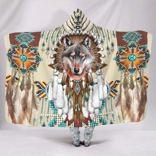 Native American Wolf Hooded Blanket Wearable Blanket Soft Cloak Shawl Throw Blankets