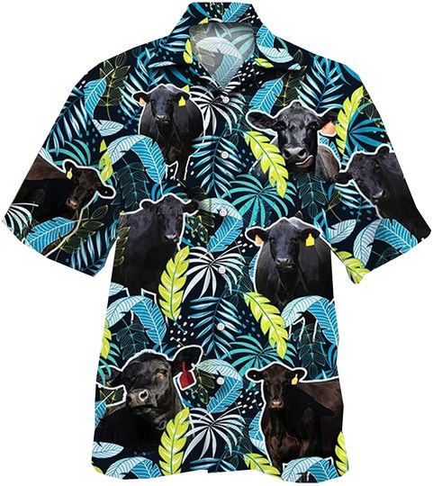 Mens Cow Hawaiian Shirts Tropical Jungle Leaves Shirts