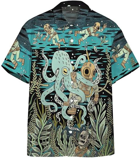 Diver Fighting with Octopus for Summer Hawaiian Shirt