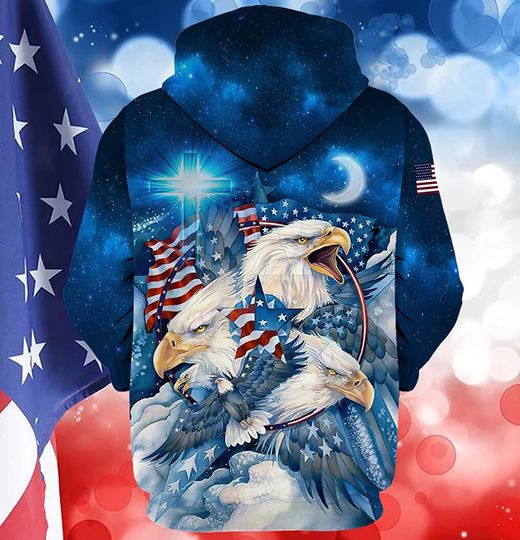 American Flag With Bald Eagle And Cross In Galaxy 3D Hoodie
