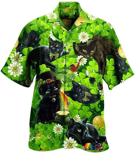 Irish Black Cat Patricks Day Pattern Green Hawaiian Shirt