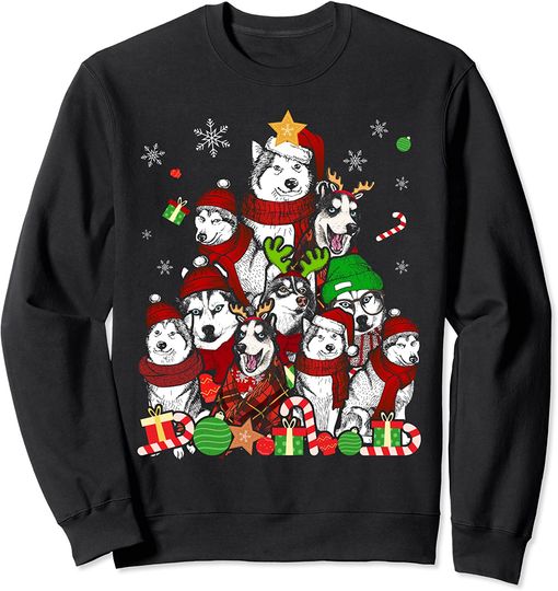 Siberian Husky Christmas Tree T Shirt Xmas Gift Dog Lover Sweatshirt