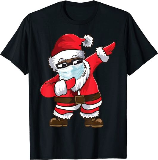 Black African American Christmas Dabbing Santa Wearing Mask T-Shirt