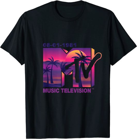The  1981 MTV Logo with purple Palms in the Sunset T-Shirt
