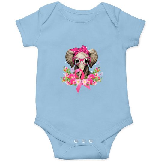 Breast Cancer Awareness Cute Elephant Flowers Pink Ribbon Baby Bodysuit