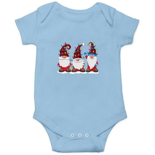 Three Gnomes Red Plaid Hat Gnome Christmas Tree Lights Baby Bodysuit