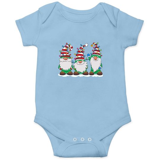 Three Gnomes With Hats Beards Christmas Tree Lights Baby Bodysuit