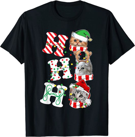 Ho Ho Ho Cats Santa Hat Lights Antlers ELF Christmas Gifts T-Shirt