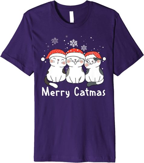 Merry Catmas Meowy Three Cat Santa Hat Christmas T-Shirt