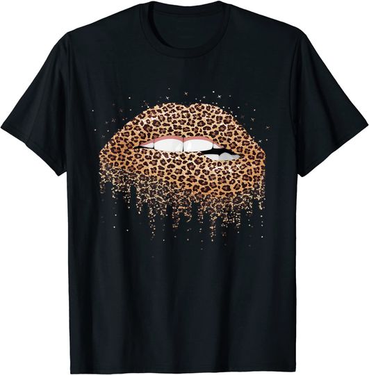 Cheetah Print Mens T-Shirt Womens Cool Lips Bite Kiss Me Leopard Print Cheetah