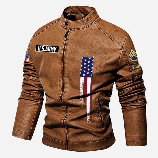 Personalized US Army Veteran Stand Collar Leather Jackets