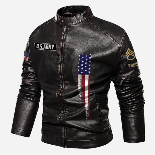 Personalized US Army Veteran Stand Collar Leather Jackets