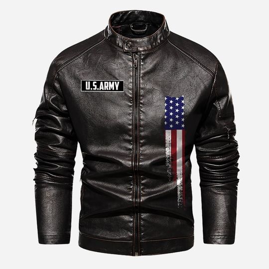 Personalized US Army Veteran Stand Collar Leather Jackets