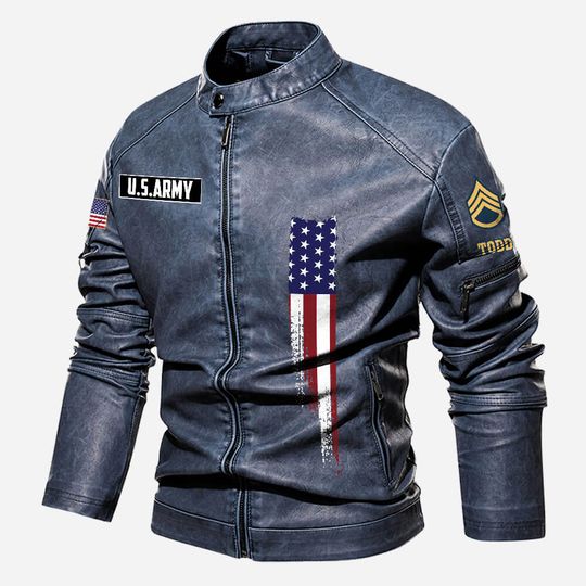 Personalized US Army Veteran Stand Collar Leather Jackets