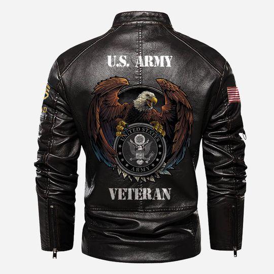 Personalized US Army Veteran Stand Collar Leather Jackets