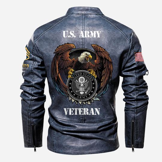 Personalized US Army Veteran Stand Collar Leather Jackets