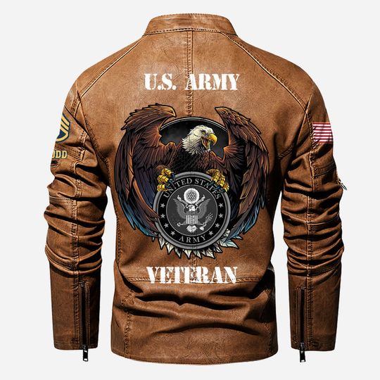 Personalized US Army Veteran Stand Collar Leather Jackets