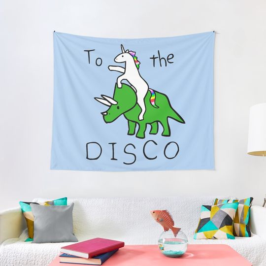 To The Disco (Unicorn Riding Triceratops) Tapestry