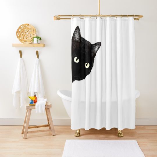 Corner Black Cat Peeking Shower Curtain
