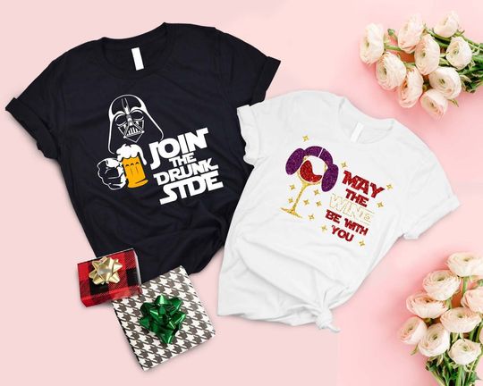 Christmas Join The Drunk Side May The Wine Be With You Food And Wine Drinking Matching Couples Matching Custom T-Shirt