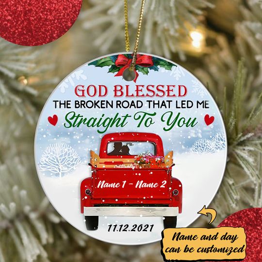 Personalized Love Couple Red Truck Christmas Ceramic Ornament