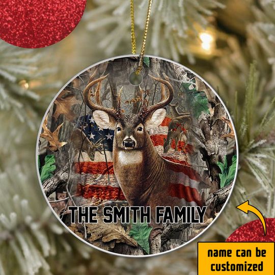 America Flag Hunting Deer Ceramic Circle Custom Ornament