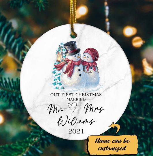 First Christmas Married Couple Family Ceramic Circle Custom Ornament