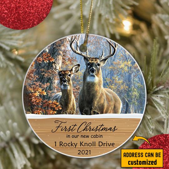 First Christmas At Our New Cabin Personalized Ceramic Circle Ornament