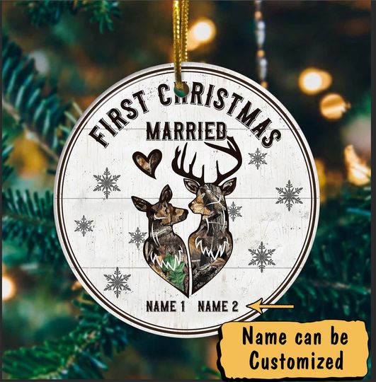 Personalized Hunting Couple First Christmas Married  Ceramic Circle Ornament
