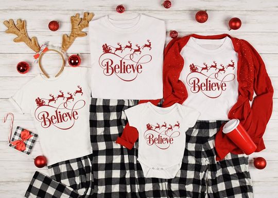 Believe With Deers Merry Christmas Matching Family T-Shirt