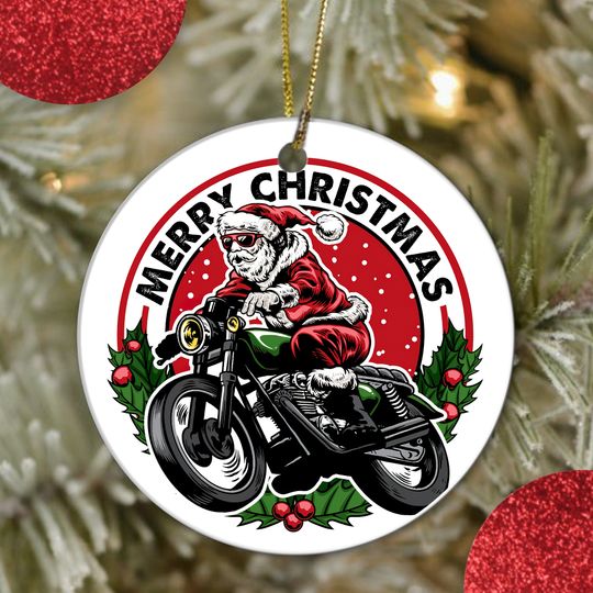 Merry Christmas Motorcycle Ceramic Circle Ornament