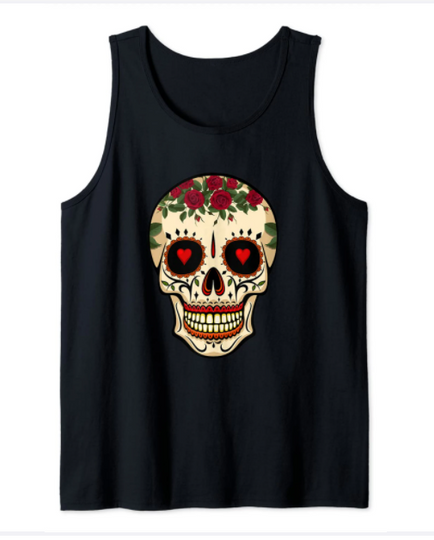 Day of the Dead Sugar Skull Red Roses Hearts Tank Top