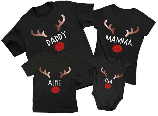 Family Matching Christmas Personalised Festive Red Nose Reindeer T-Shirt
