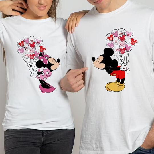 Mickey and Minnie Disney Balloons Valentines Disney Valentine Matching Couples Custom T-Shirt