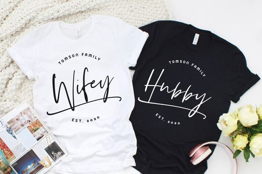 Wifey Hubby Last Name & EST. Year Personalized, Couples Shirts Valentine's Day Custom T-Shirt