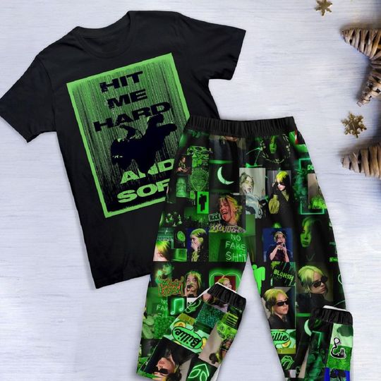 Billie Eilish Pajamas Set, Hit Me Hard and Soft Pajamas Set, Billie Eilish Christmas Pajamas Set.