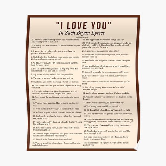 "I Love You" In Zach Bryan Lyrics Premium Matte Vertical Poster