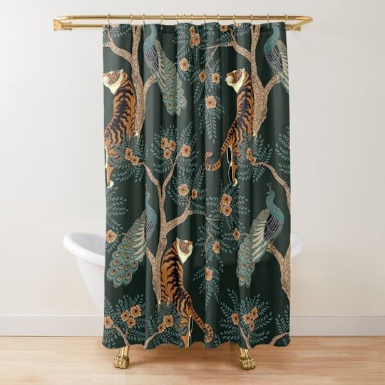 Vintage tiger and peacock in the jungle Shower Curtain