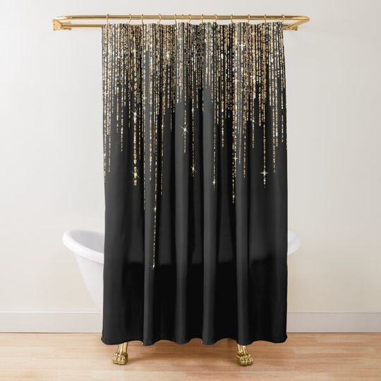 Discover Luxury Chic Black Gold Sparkly Glitter Fringe Shower Curtain