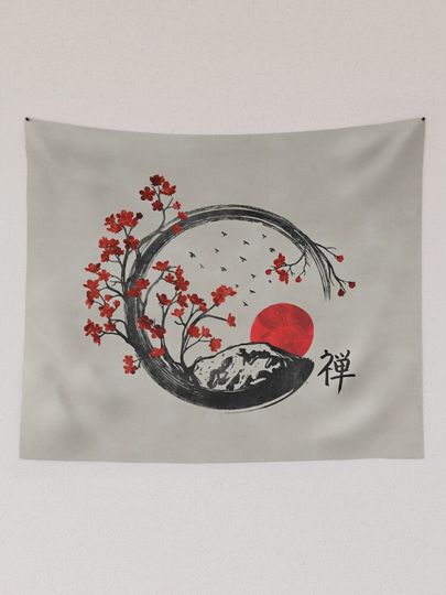 Zen Enso Circle and Sakura Branches Tapestry