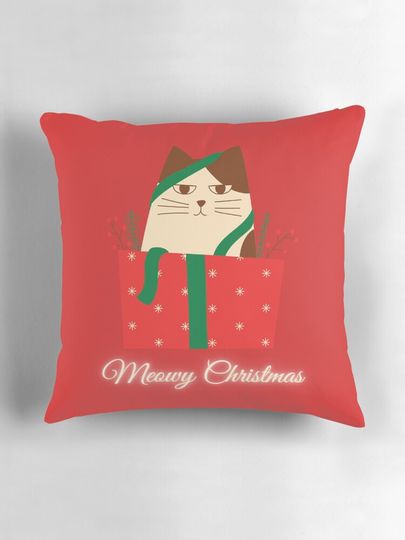Meowy Fluffmas Merry Chrismas Cat in a Xmas box Pillow