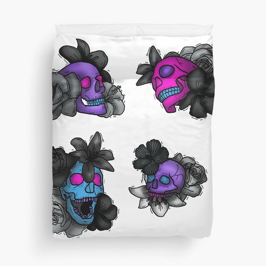 Colorful Skulls With Grey Flowers Duvet Cover
